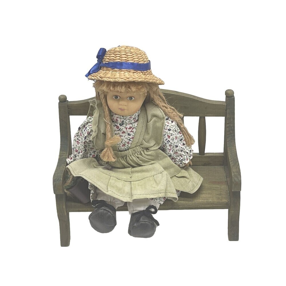 Vintage Blonde Doll 9” Siting On Bench Wooden Handmade